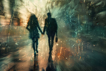 Blur art photography style illustration of a romantic couple holding hand and walking in rainy city. A blurred motion camera photography of modern citylife, for web illustration, poster or music album - obrazy, fototapety, plakaty