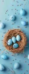 Fototapeta na wymiar Happy Easter banner with nest and blue eggs on pastel background, in the style of copy space concept