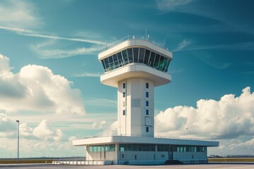Strategic Airport control tower. Tall and glassy building with spectacular sunset. Generate AI - obrazy, fototapety, plakaty