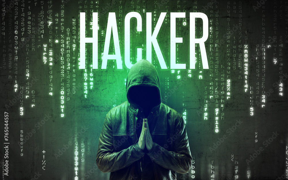 Poster faceless hacker with inscription concept