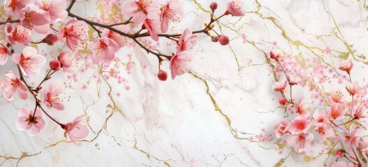 Obraz na płótnie Canvas Detailed marble background with pink cherry blossoms and gold cracks, pink flowers on white marble, floral marble pattern design for a wall mural, soft pink floral marble print