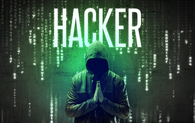 Faceless hacker with inscription concept