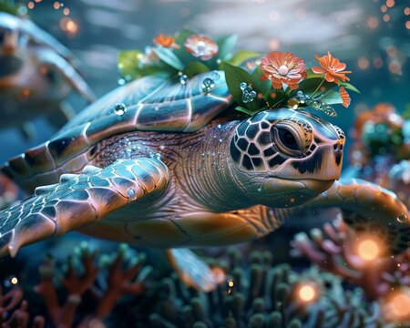 Mermaid, Seaweed Crown, Graceful ocean dwellers in illuminated coral cities, exchanging pearls with giant sea turtles Fantasy, 3D Render, Underwater Lighting, Bokeh Effect