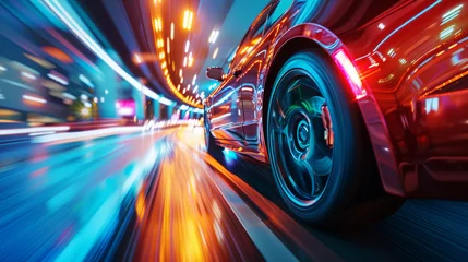 Foto op Plexiglas Luminous Urban Speedster. Side view of a car speeding through the night, its lights blurring into the urban landscape, symbolizing energy and motion. © AI Visual Vault