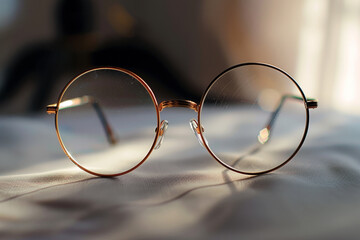 A pair of gold framed glasses with a black frame. The glasses are sitting on a table - Powered by Adobe