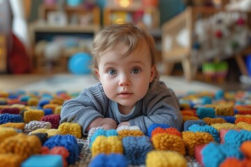 Little Boy Laying on Colorful Carpet