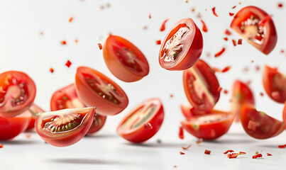 sliced tomatoes floating in the air on the white background.