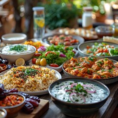 Wooden Table Displaying Multiple Plates of Food