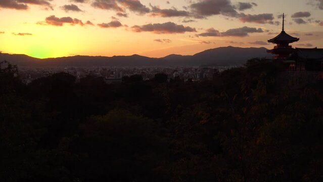 Sunrise over Kyoto City and Pagoda of Kiyomizu-dera Temple