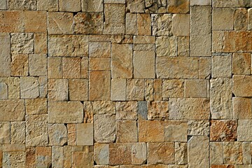 Background, wall texture lined with small sand-colored tiles made of natural stone