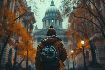 Person Walking Down Street With Backpack - obrazy, fototapety, plakaty