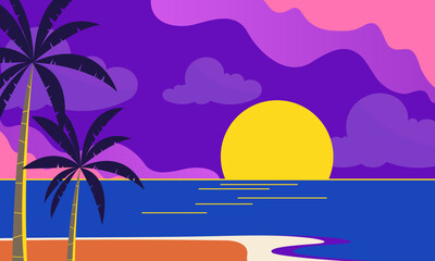 Fototapeta na wymiar Sea and beach landscape concept. Summer beach sunset. vector illustration