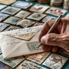 A detailed view of a hand using a fountain pen on an envelope adorned with stamps, highlighting the art of stamp collecting.