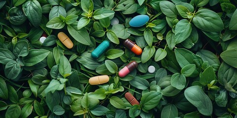 Pills on the grass. Concept of useful natural supplements. A combination of nature and medicine.