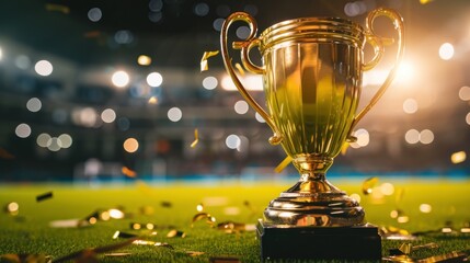 Gold Cup Displayed Close Up ,Pure Green Grass Background Blurred Light Spotlight