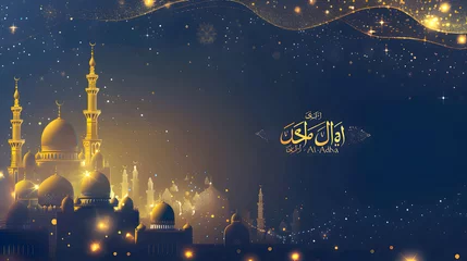 Foto op Plexiglas Eid Al Adha Mubarak background, banner, greeting design with gold blue color theme. Mosque silhouettes of sheep, goats and camels Generative Ai © mifta