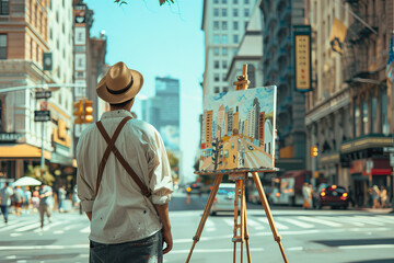 A man with a hat and a paintbrush is painting a picture on a street corner