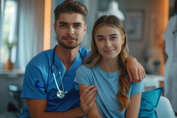 Male professional chiropractor or physical therapist massaging young Caucasian woman's arm sitting on the couch in rehabilitation hospital. Physiotherapy and osteopathic medicine, Generative AI - obrazy, fototapety, plakaty