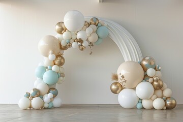 Ivory and gold balloons and arch, in the style of matte background