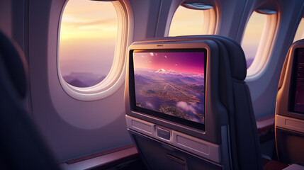 A  airplane in-flight entertainment system screen with movies and music options.