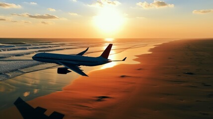 Airplane silhouette shadow on beach, aerial view, travel concept for wanderlust enthusiasts - obrazy, fototapety, plakaty