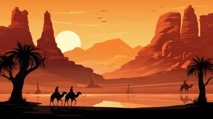 Foto op Plexiglas Moonlit desert breathtaking banner of camels in stunning arid landscape under the moonlight © Aliaksandra