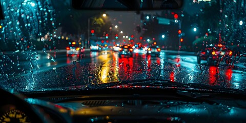 Obraz premium A cinematic view from inside a car in Los Angeles at night with dark colors and rain. Concept Cityscape, Night Photography, Rainy Night, Urban Environment, Cinematic Shot