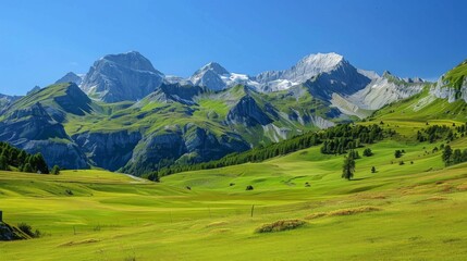 Fototapeta na wymiar Green Field With Mountains in Background