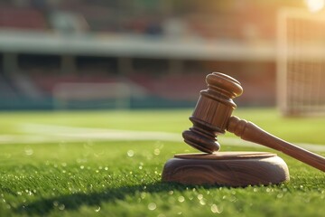 Sports Law and Taxes: Legal Gavel on Sports Stadium Background with Copy Space. Concept Sports Law, Taxes, Legal Issues, Sports Stadium, Gavel - obrazy, fototapety, plakaty