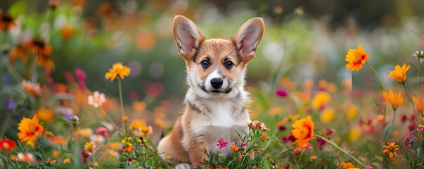 Corgi Puppy Embracing Nature's Charm with Playful Ears in Vibrant Flower Field