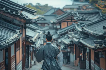 Fototapeten A man wearing a kimono walks down a narrow street in front of a row of houses © mila103