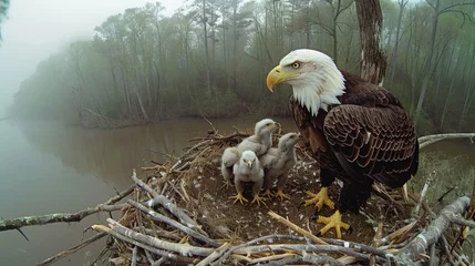  A live-streaming camera mounted on a sturdy tree branch, capturing a family of majestic bald eagles in their nest, with the parents nurturing their eaglets © Татьяна Креминская