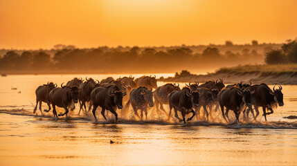 Herd of wildebeests galloping through water at sunset
