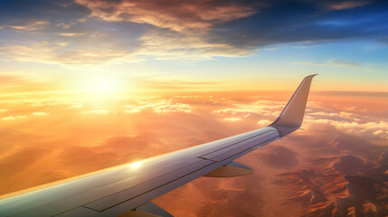 A  airplane wing with the sun's rays casting a warm glow over the landscape below.