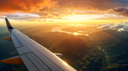 A  airplane wing with the sun's rays casting a warm glow over the landscape below.