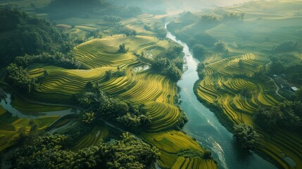 River Flowing Through Lush Green Valley - obrazy, fototapety, plakaty