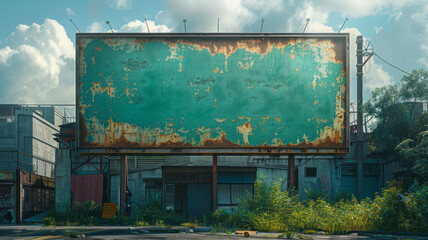 realistic Green and empty horizontal billboard. Modern downtown area ,generative ai