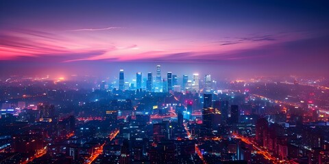 Fototapeta premium Nighttime cityscape of Los Angeles and Beijings CBD showcasing vibrant lights and urban beauty. Concept Cityscape Photography, Night Photography, Los Angeles, Beijing CBD, Urban Beauty