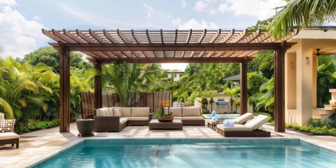 A beautiful wooden poolside pergola with an open roof, providing shade and shading for the outdoor living space Generative AI