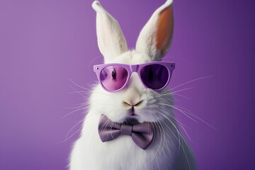 A charming bunny with trendy purple sunglasses and a bow tie. - 765047395
