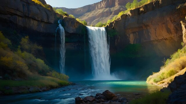 waterfall in the mountains. a waterfall in the middle of a canyon. Ai ganerated image