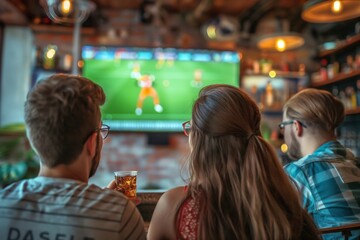 A trio of friends shares a moment of camaraderie in a cozy bar, their eyes locked on the screen, as they cheer for their team in an intense match. - 765047510