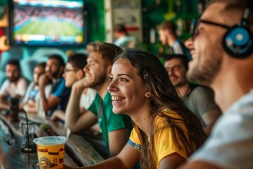A young woman radiates joy among a lively crowd in a vibrant bar, all captivated by the suspenseful sports match on the screen ahead. - 765047525