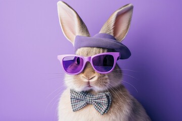 A bunny donning a stylish beret and purple sunglasses. - 765047553