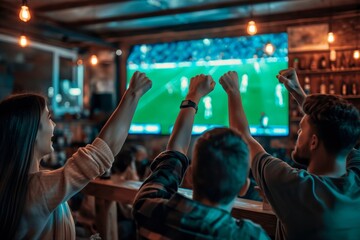Exuberant fans in a cozy bar throw their hands up in a victorious cheer, celebrating a thrilling moment in the live sports match on TV. - 765047560