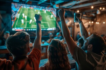 Friends raise their fists in unison, absorbed in the nail-biting excitement of a sports game on the big screen in a warm, rustic bar setting. - 765047593