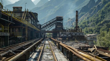 Train Track Passing Through Factory With Mountains Background