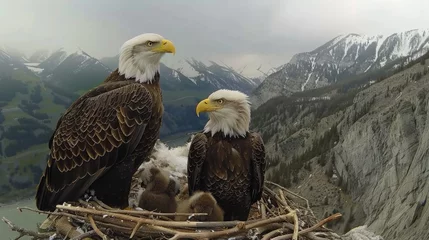 Poster A live-streaming camera mounted on a sturdy tree branch, capturing a family of majestic bald eagles in their nest, with the parents nurturing their eaglets © Татьяна Креминская