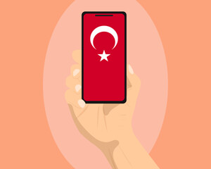 Turkey flag on mobile phone screen, holding smartphone, advertising social media or banner concept