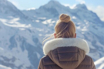 A woman, seen from behind, gazes out at a majestic mountain landscape, the snowy peaks a blur of beauty and serenity against the clear sky. - 765047984